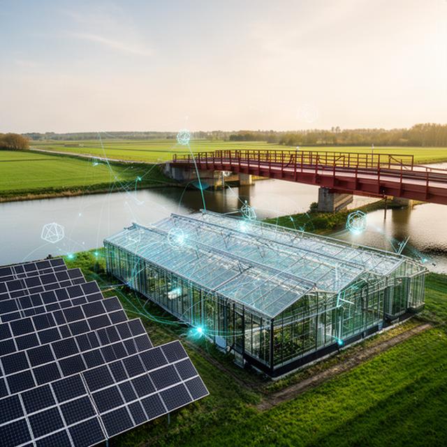Zonnepanelen naast een kas en een brug in het Nederlandse landschap, verbonden door datavisualisatie