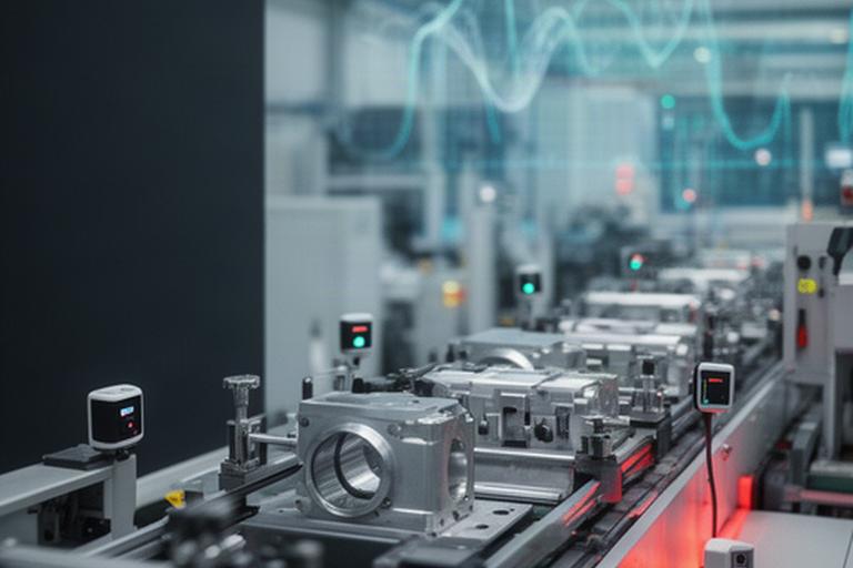 Moderne productielijn met metalen onderdelen, sensoren en een data-dashboard in een Nederlandse fabriek