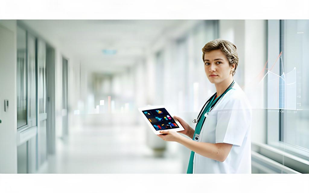 Zorgprofessional met tablet in een lichte ziekenhuisgang naast grafieken over patiëntcapaciteit