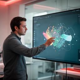 Onderzoeker Tolik Gevaert werkt met een modelvisualisatie op een scherm in een onderzoeksruimte