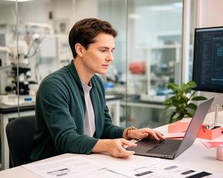 Data-ethicus werkt met modeldocumentatie en privacyrichtlijnen in een modern lab