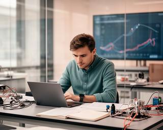 Datawetenschapper aan een werktafel in het AI-lab met grafieken op een scherm