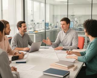 Projectmanager bespreekt een onderzoeksplanning met een multidisciplinair team