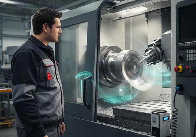 Metaalbewerker naast een draaiende freesmachine met sensormeting in een productiehal