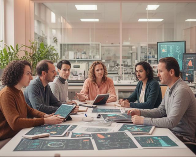 Onderzoekers bespreken datavisualisaties rond een werktafel in een licht AI-laboratorium in Gouda