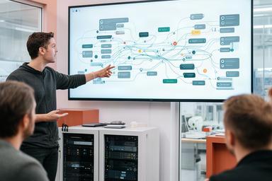 AI-engineer bespreekt een datastroom op een groot scherm in een onderzoeksruimte