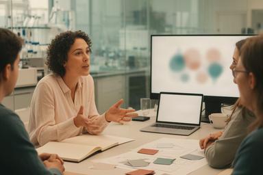 Onderzoeker bespreekt privacy en fairness met collega's tijdens een labmeeting