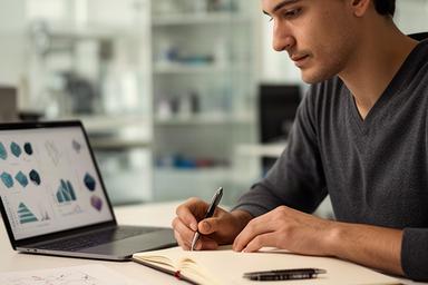 Datawetenschapper werkt met een notebook en grafieken tijdens een onderzoekssessie