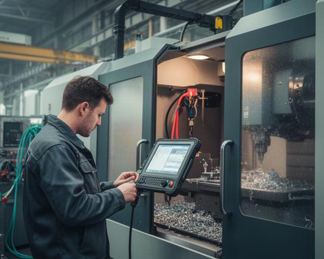 Technicus controleert sensordata naast een industriële metaalbewerkingsmachine in een fabriek