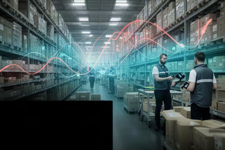 Magazijn met orderpickers en een digitale forecastgrafiek voor voorraadplanning